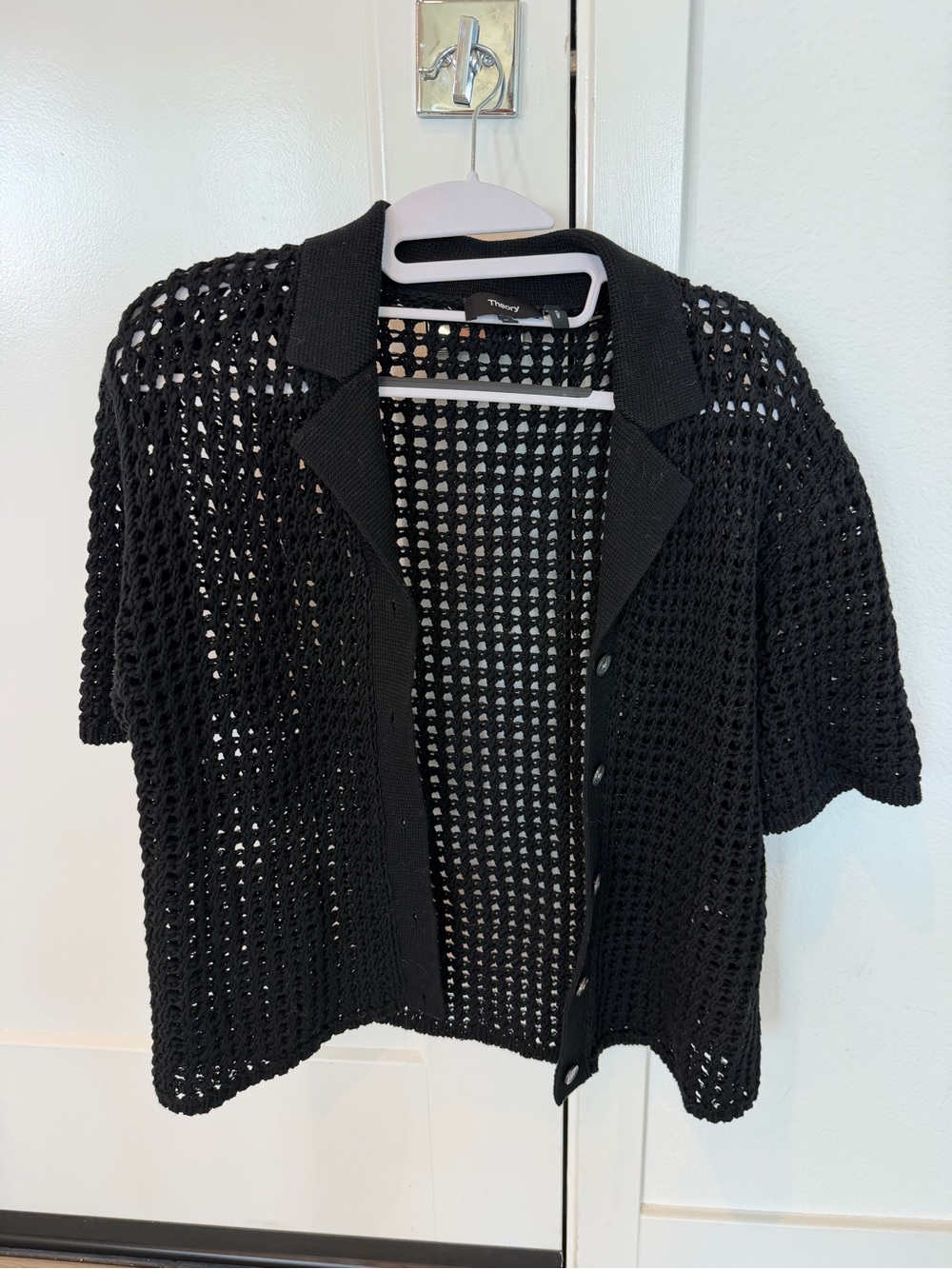 Theory black open knit short sleeve sweater